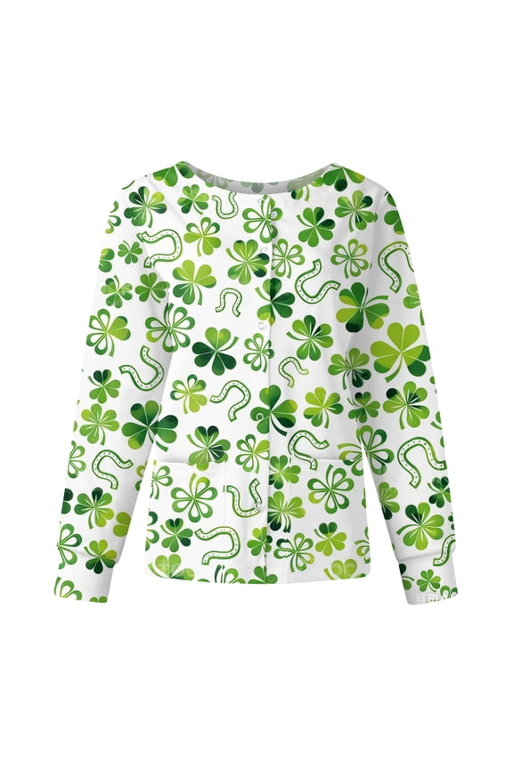 Women's St. Patrick's Day Printed Long Sleeve Stand Collar Work Top, Single Breasted Nursing Jacket, Casual Uniform,White S