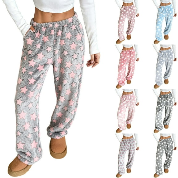 yuCgh Women's Star Print Plush Pajama Pants, Soft Elastic Waist with Two Pockets, Cozy and Warm Sleepwear for Women, Perfect for Bedtime and Home Relaxation,Light Gray 2XL