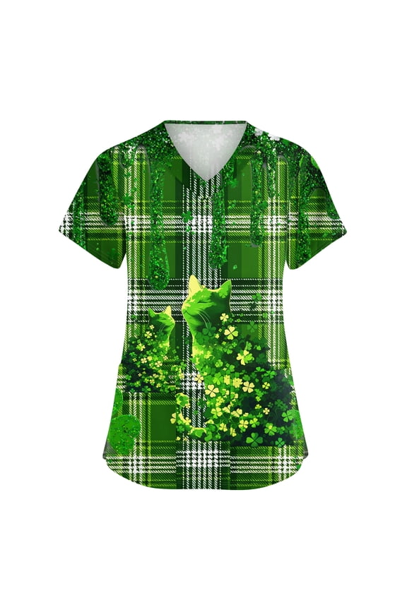 Women's V-Neck Short Sleeve Work Uniform with Pocket & Side Slit, St. Patrick's Day Print, Casual Nursing Top for Women,Army Green 3XL