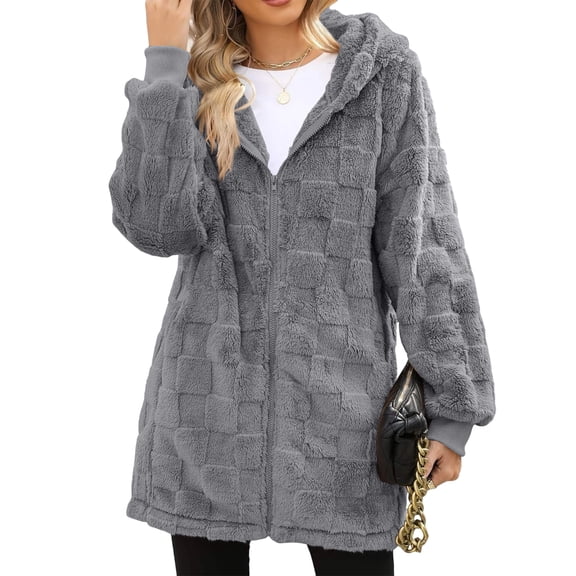 yuCgh Women's Warm Casual Fashion Thick Checkered Plush Mid-Length Hooded Cardigan Coat with Elegant Button and Zipper for Comfortable Style,Dark Gray 2XL