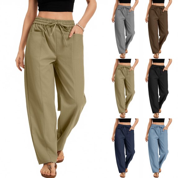 yuCgh Women's Wide Leg Cropped Casual Elastic Drawstring Waisted Pants with Pockets, Comfortable Harem Pants for Lounge and Outdoor Activities,Gray S