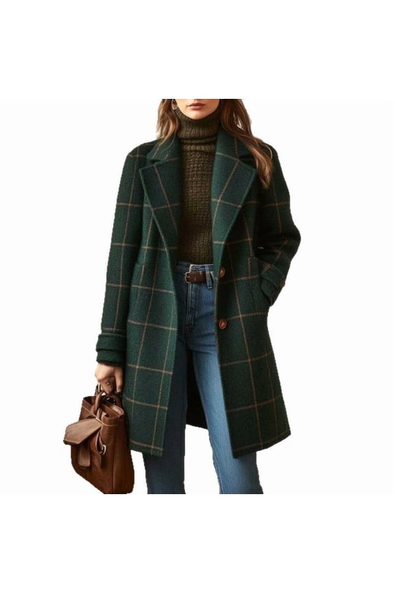 Women's Winter Notched Collar Plaid Wool Trench Coat Button Down Mid Long Overcoat Outerwear with Classic Design for Warm and Stylish Look,Dark Green L