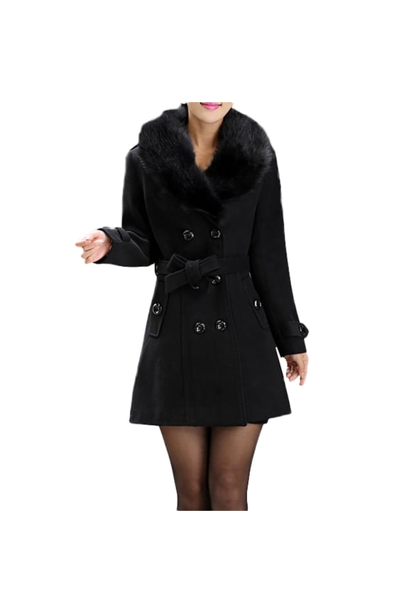 Women's Wool Coat Korean Double-breasted Mid-length Woolen Coat With Collar with Fashionable Design for Winter Warm and Chic Look,Black L