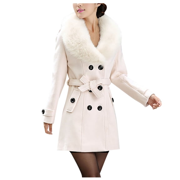 yuCgh Women's Wool Coat Korean Double-breasted Mid-length Woolen Coat With Collar with Fashionable Design for Winter Warm and Chic Look,White XL