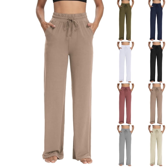 yuCgh Women's Yoga Sweatpants Wide Leg High Waisted Pajamas Pants Comfy Workout Loose Pants with Pockets, Straight Leg Design for Lounge and Light Exercise,Khaki M