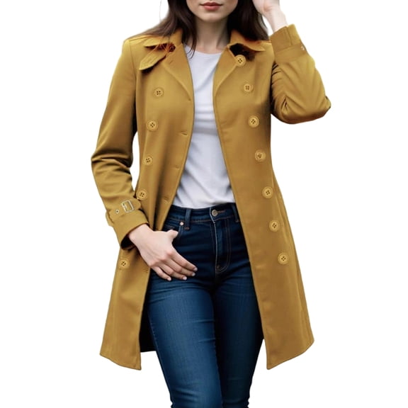 yuCgh Womens Coat Double-Breasted Long Dressy Windbreaker Overcoat Fall Winter Outerwear with Classic Solid Color Design for Elegant and Warm Look,Khaki L
