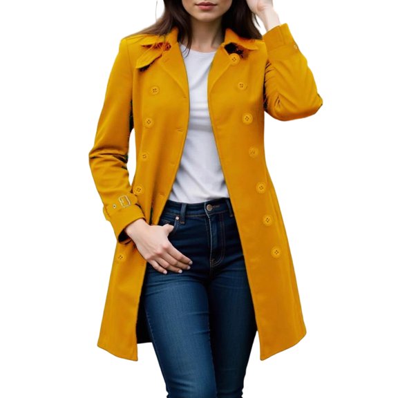 yuCgh Womens Coat Double-Breasted Long Dressy Windbreaker Overcoat Fall Winter Outerwear with Classic Solid Color Design for Elegant and Warm Look,Yellow L