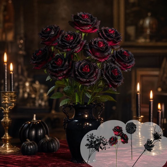 yuHome Artificial Plants Dark Gothic Floral Stems Fake Roses Hydrangea Eucalyptus Twigs Set Of 2 for Vase Arrangements Halloween Party Table Centerpiece Decor Home