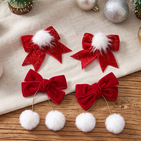 yuHome Christmas Bow Decorations with White Balls, 2 Pack Polyester Gift Bow for Holiday Tree Wreath Ornament, Red Classic Pleated Bow with Clip for Gift Wrapping Party Decor