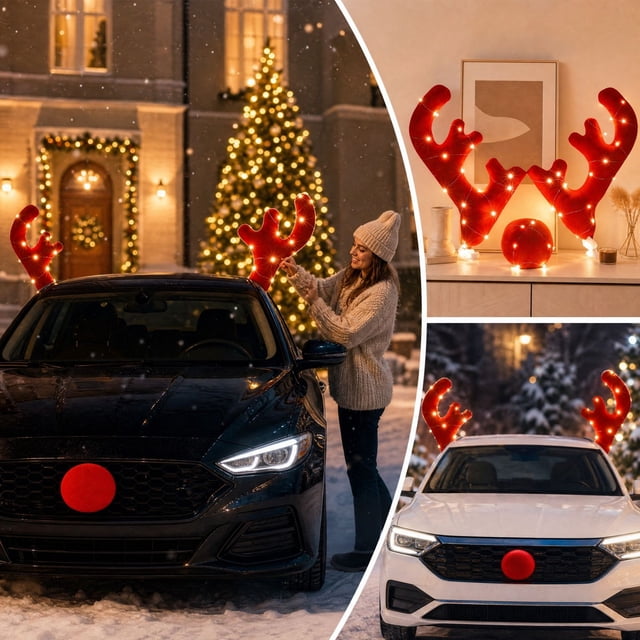 yuHome Christmas Car Reindeer Antlers Decor Set 2 Pack Light Up Car ...