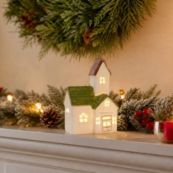 yuHome Christmas Lighted Snow House Ceramic Decor Ornament | Led Winter Village Tabletop Figurine with Glowing Window | Festive Holiday Mantel Shelf Windowsill Decoration for Home Winter Themed Party