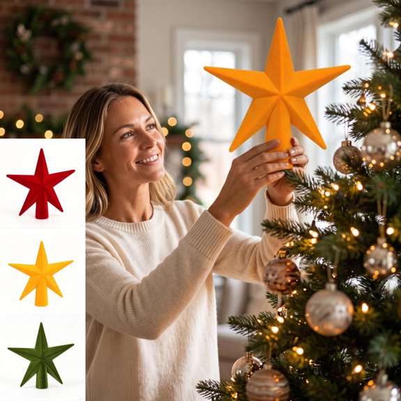 yuHome Christmas Tree Topper Star 3D Flocked Star Tree Top Ornament Holiday Tree Decorations for Home Party Christmas Tree Crown Decorative Star Christmas Supplies