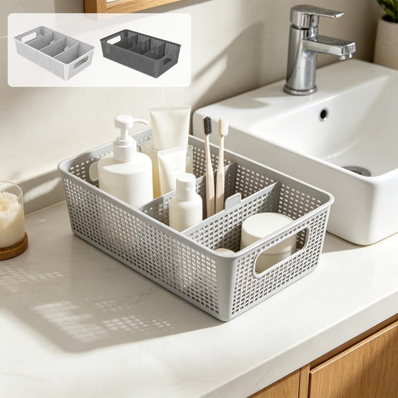 yuHome Plastic Divided Storage Basket with Removable Inserts | Multi Compartment Organizer | 10.86 X 6.14 X 2.95 In | Woven Lattice Design | Adjustable Dividers | with Handles