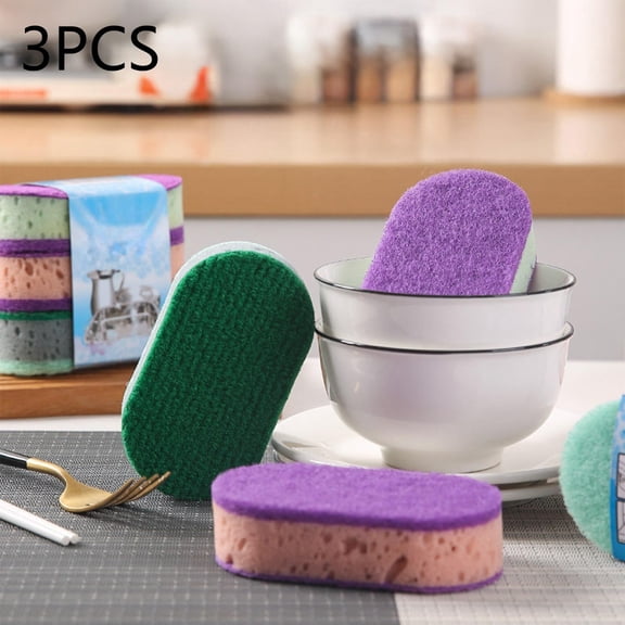 yuHome Sponge Scouring Pad 3Pcs | Kitchen Dishwashing Brush | Pot Cleaning | Two Layer Build | Soft Foam and Abrasive Side | Fast Drying Polyurethane | Fits Curved Dishware