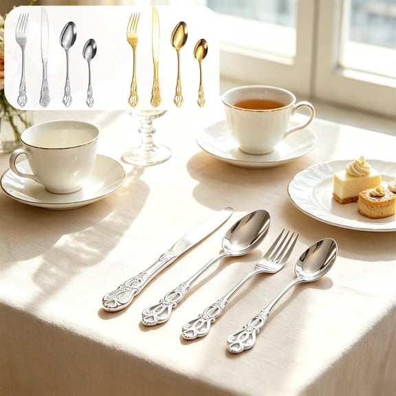 yuHome Vintage Embossed Stainless Steel Flatware Set - 4 Piece Cutlery Set with Knife fork Spoon Teaspoon - Carved Floral Scroll Handle Dinnerware for Fine Dining Wedding Restaurant Home Kitchen Use
