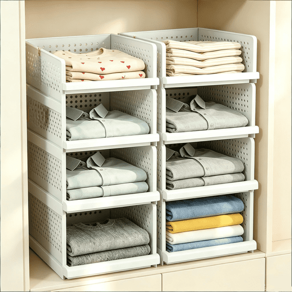 Yuanchao 4 Pack Stackable Foldable Closet Storage Basket, Multifunctional Clothes Drawer Organizer, Space Saving Storage Bin for Wardrobe, Bathroom, Kitchen & Laundry Room, White