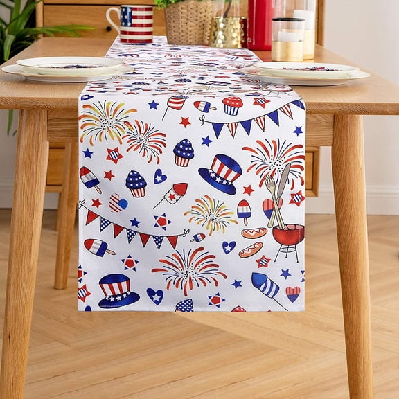 yuboo 4th of July Patriotic Table Runner Ice Cream Fireworks Stars 14 x 72 Inches Long Red White and Blue Tablecloth for American Independence Day Holiday Memorial Day Veterans Day Decoration