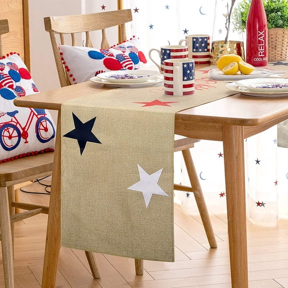 yuboo Burlap Table Runner 4th of July Patriotic Memorial Day Decoration,14x 72" Jute Linen Star Jute American Flag Tablecloth for Holiday Party Dinning Tabletop Independence Day Veterans Day Decor