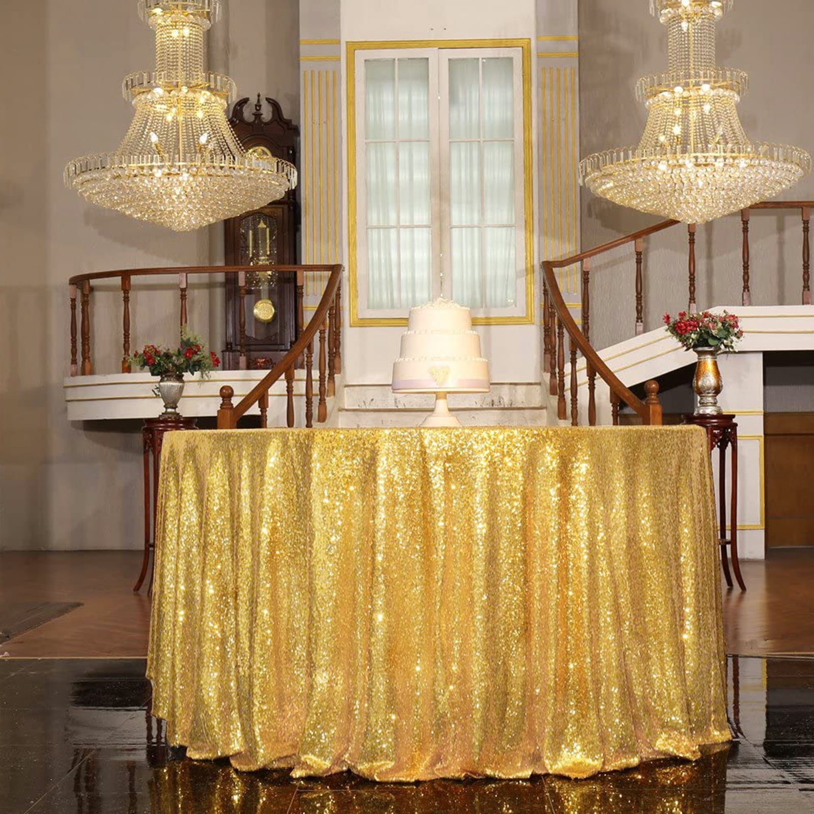 yuboo Gold Sequin Tablecloth,90 inch Round Sparkly Glitter Table Cover ...