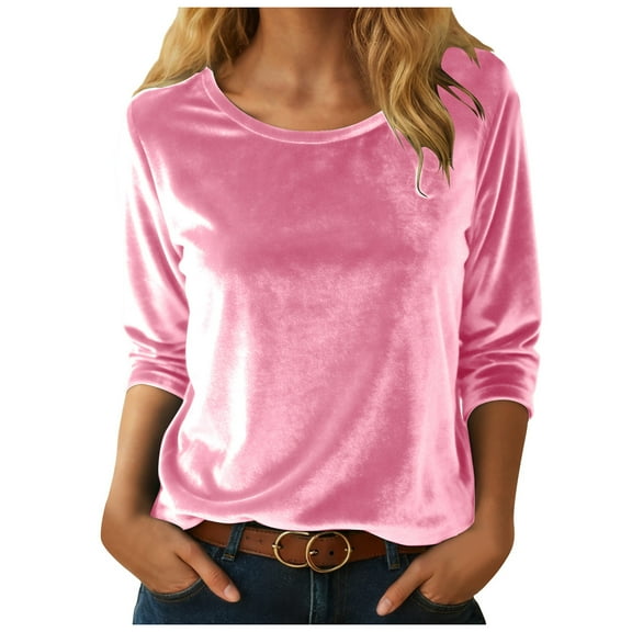 yueewhu 3/4 Length Sleeve Velvet Shirts for Women Round Neck Gold Velvet Dressy Tops Vintage Elegant Holiday Tunic Blouses (Pink, L)