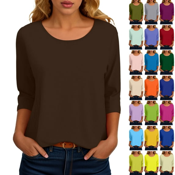 yueewhu 3/4 Length Sleeve Womens Tops Summer Loose Solid Crewneck T Shirts Casual Three Quarter Length Dressy Blouses (Green, M)