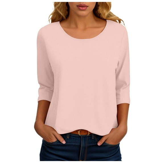 yueewhu 3/4 Length Sleeve Womens Tops Summer Loose Solid Crewneck T Shirts Casual Three Quarter Length Dressy Blouses (Light Pink, 3XL)