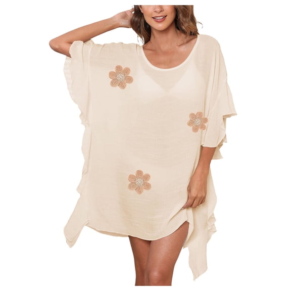 yueewhu Bathing Suit Cover Up for Women Summer Flower Embroidery Womens Beach Cover Up Ruffle Sleeve Crew Neck Coverups Dress (Beige, One Size)