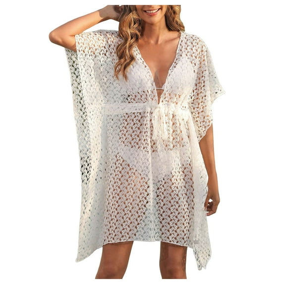 yueewhu Beach Swimsuit for Women Sleeve Coverups Bikini Cover Up Net (White, XL)