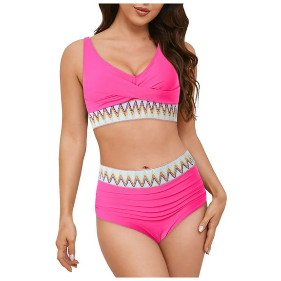 yueewhu Bikini Sets for Women Swimsuits High Waisted Tummy Control Two Piece Bathing Suit V Neck Color Block Swimwear (Hot Pink, S)