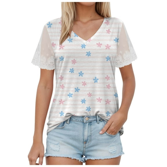 yueewhu Bohemian Tops for Women Floral Printed Button V Neck Short Sleeve Blouses Casual Comfy Fashion Vintage Outdoors Tee (Light Blue, M)