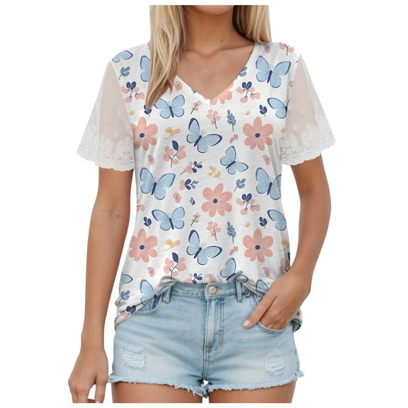 yueewhu Bohemian Tops for Women Floral Printed Button V Neck Short Sleeve Blouses Casual Comfy Fashion Vintage Outdoors Tee (Light Pink, S)