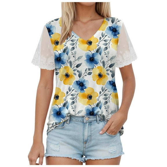yueewhu Bohemian Tops for Women Floral Printed Button V Neck Short Sleeve Blouses Casual Comfy Fashion Vintage Outdoors Tee (Yellow, S)