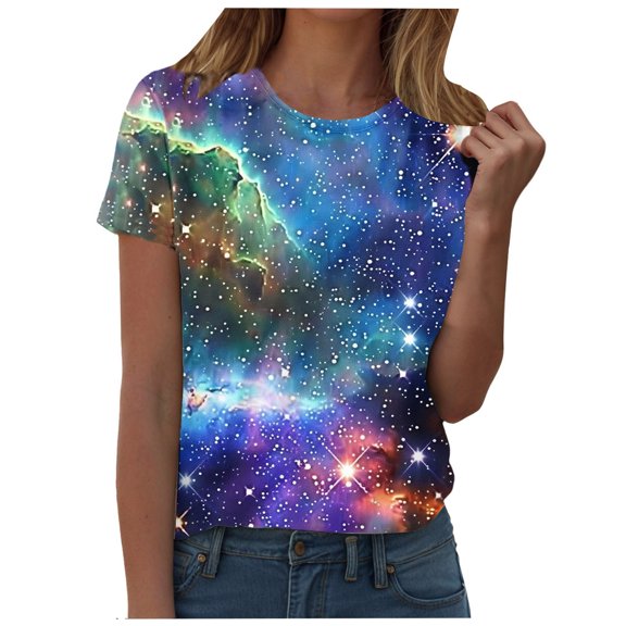 yueewhu Cute Summer Tops for Women Galaxy Space Print Petite Shirts Casual Short Sleeve Crewneck Graphic Tees Blouses (Light Blue, XXL)