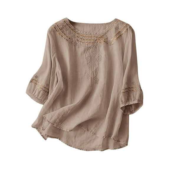 yueewhu Embroidered Tops for Women 3/4 Sleeve Summer Boho Peasant Gauze Blouses Dressy Casual Bohemian Shirts (Khaki, XXL)