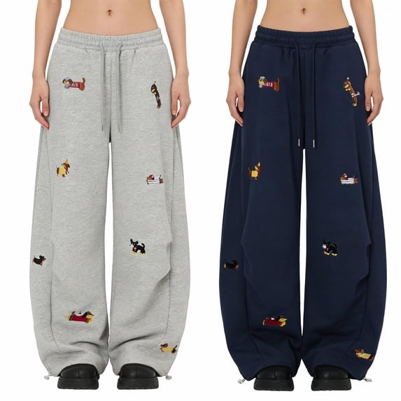 yueewhu Embroidery Puppy Baggy Barrel Sweatpants Casual Y2K Elastic Drawstring Unisex Wide Leg Pants Lantern Trouser (Grey, M)