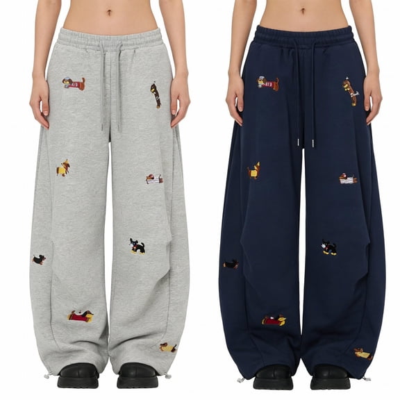 yueewhu Embroidery Puppy Baggy Barrel Sweatpants Casual Y2K Elastic Drawstring Unisex Wide Leg Pants Lantern Trouser (Grey, M)