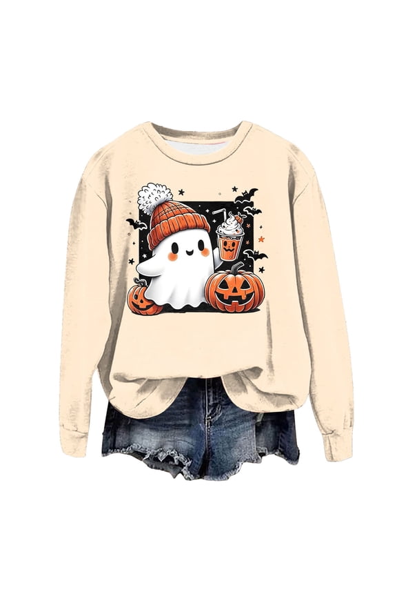 Halloween Sweatshirt for Women Cute Spooky Season Sweatshirts Graphic Pumpkin Ghost Sweater Plus Size Outfit (Beige, L)