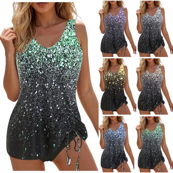 yueewhu High Neck Tankini Swimsuits for Women Sparkly Glitter Halter Summer Beachwear Floral Printed Push Up V Neck Sexy Swimwear (Silver, M)