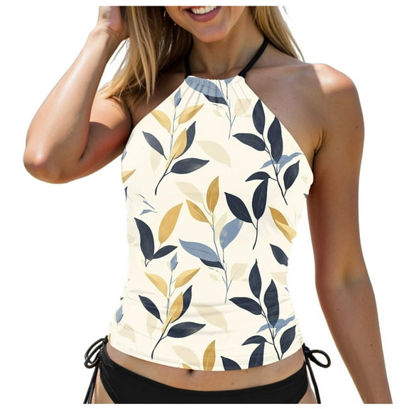 yueewhu High Neck Tankini Tops for Women Halter Flowy Sleeveless Bathing Suits Modest Swimsuit Top No Bottom (Khaki, S)