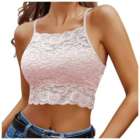 yueewhu Lace Bralette for Women High Neck Camisoles Racerback Double-Layered Crop Top (Pink, S)