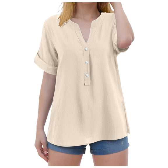 yueewhu Linen Tops for Women Summer Work Shirts Trendy Button Down V Neck Boho Clothes Spring Tops for Women 2026 (Beige, XL)