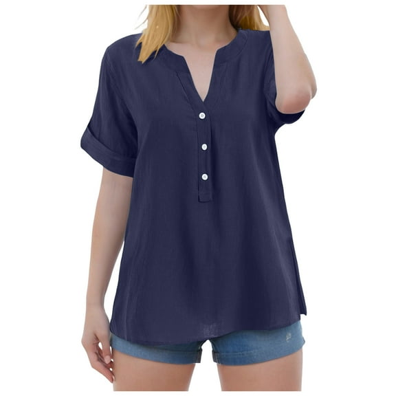 yueewhu Linen Tops for Women Summer Work Shirts Trendy Button Down V Neck Boho Clothes Spring Tops for Women 2026 (Navy, L)