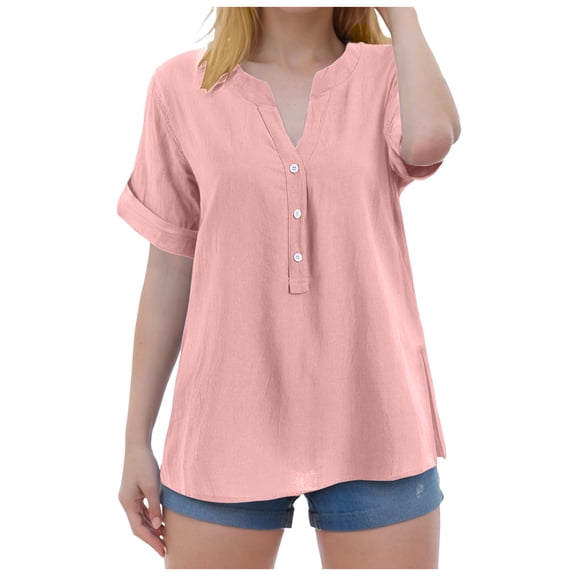 yueewhu Linen Tops for Women Summer Work Shirts Trendy Button Down V Neck Boho Clothes Spring Tops for Women 2026 (Pink, XL)