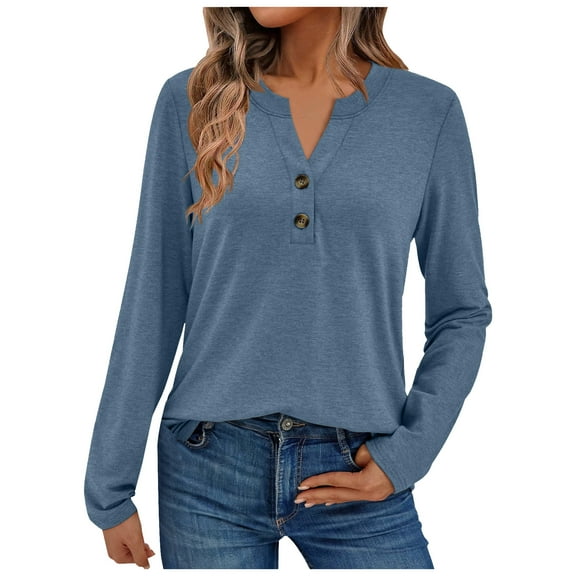yueewhu Long Sleeve Shirts for Women 2026 Fall Outfits V Neck Dressy Casual Tops Trendy Blouses Cute T-Shirts Fashion Clothes (Light Blue, S)
