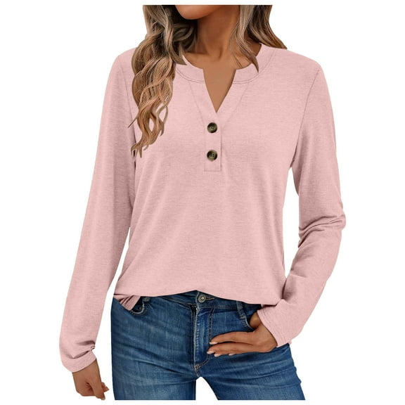yueewhu Long Sleeve Shirts for Women 2026 Fall Outfits V Neck Dressy Casual Tops Trendy Blouses Cute T-Shirts Fashion Clothes (Pink, L)