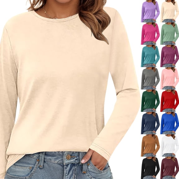 yueewhu Long Sleeve Shirts for Women Casual Crew Neck Basic Fall Tops Loose Fit Comfy (Black, XL)