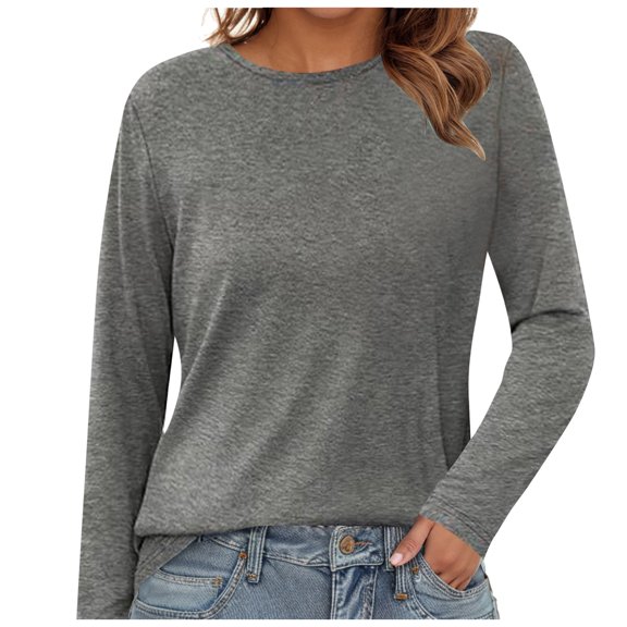 yueewhu Long Sleeve Shirts for Women Casual Crew Neck Basic Fall Tops Loose Fit Comfy (Grey, XS)