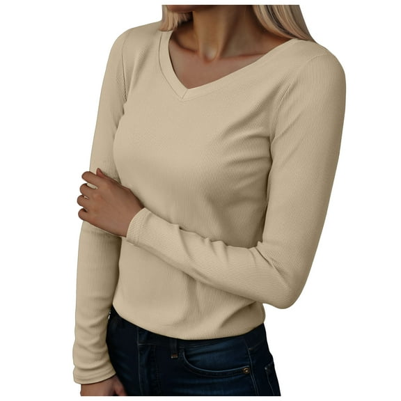 yueewhu Long Sleeve Shirts for Women Fall Fashion V Neck Basics Crop Tops Slim Fitted Tops Outfits Casual Trendy Clothes (Beige, M)