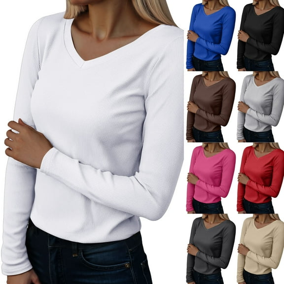 yueewhu Long Sleeve Shirts for Women Fall Fashion V Neck Basics Crop Tops Slim Fitted Tops Outfits Casual Trendy Clothes (White, XXL)