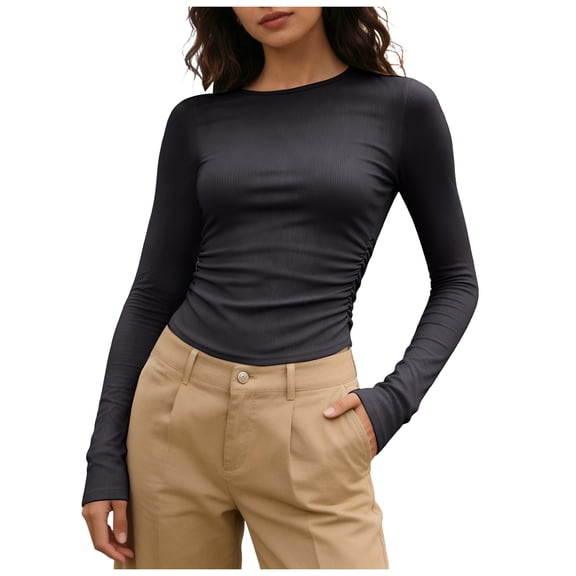 yueewhu Long Sleeve Shirts for women-Underscrub Crew Neck Slim Fit Basic Tops for Teens Workout Going Out Y2K Fall Fashion 2026 (Dark Gray, XL)